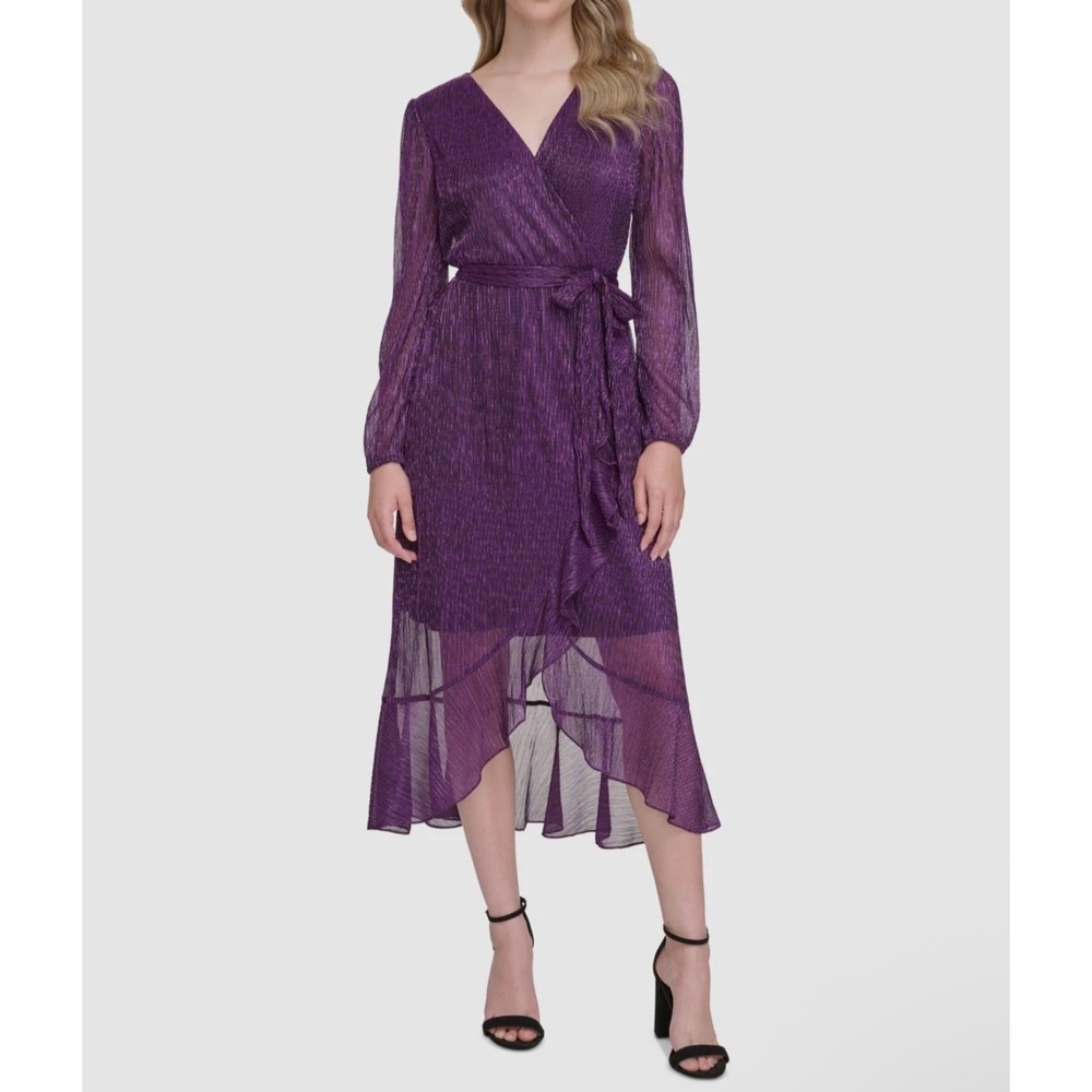 Kensie Iris Purple Shimmer Knit Wrap Midi Dress NWT Size 4 Long Sleeve Party‎
